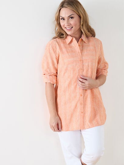 Petite Striped Button Front Relaxed Fit Shirt