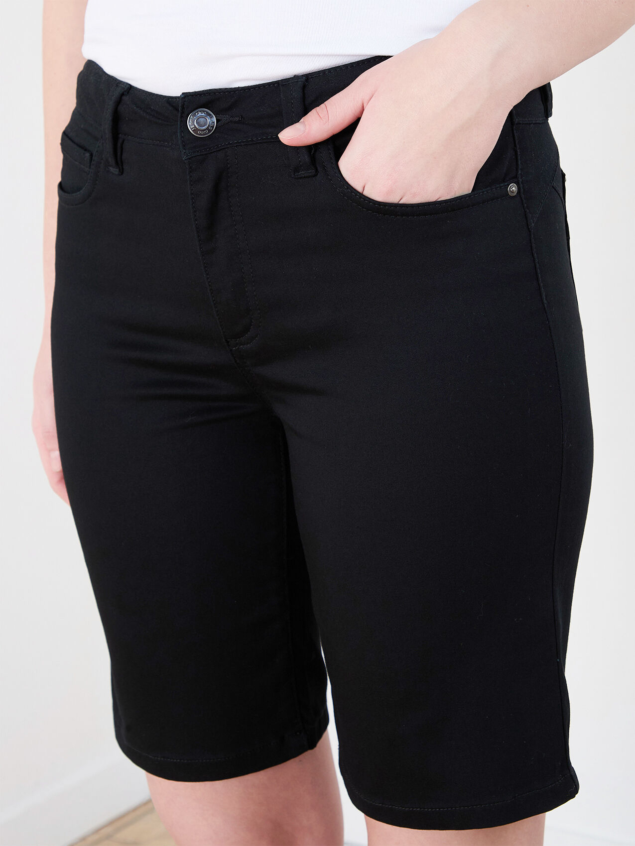 Black denim knee shorts store