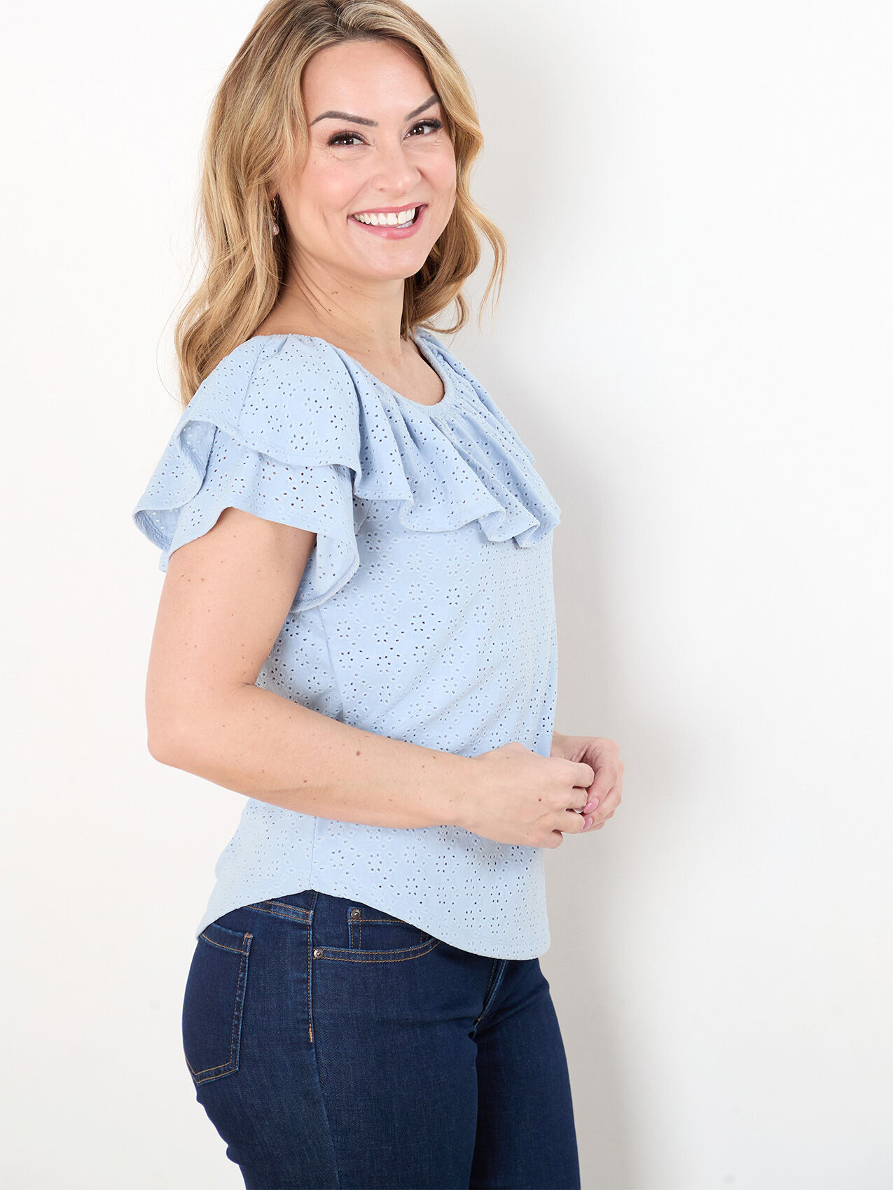 Petite Ruffle Eyelet On/Off Shoulder Top