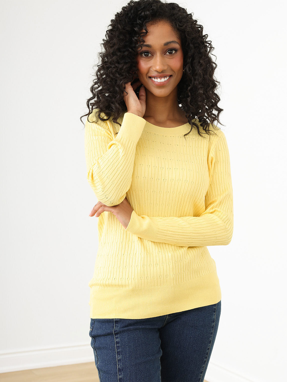 Petite Long Sleeve Pointelle Pullover Sweater