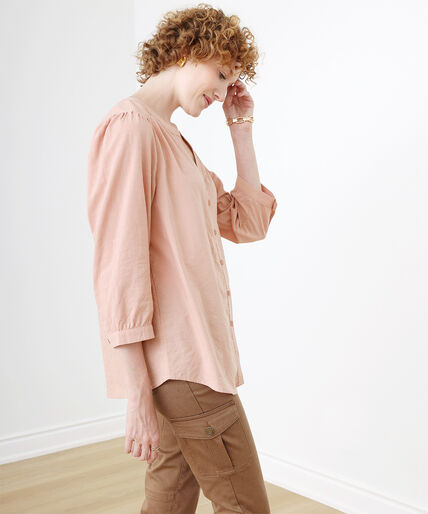 Cotton V-Neck Henley Blouse with 3/4 Sleeves  Image 2