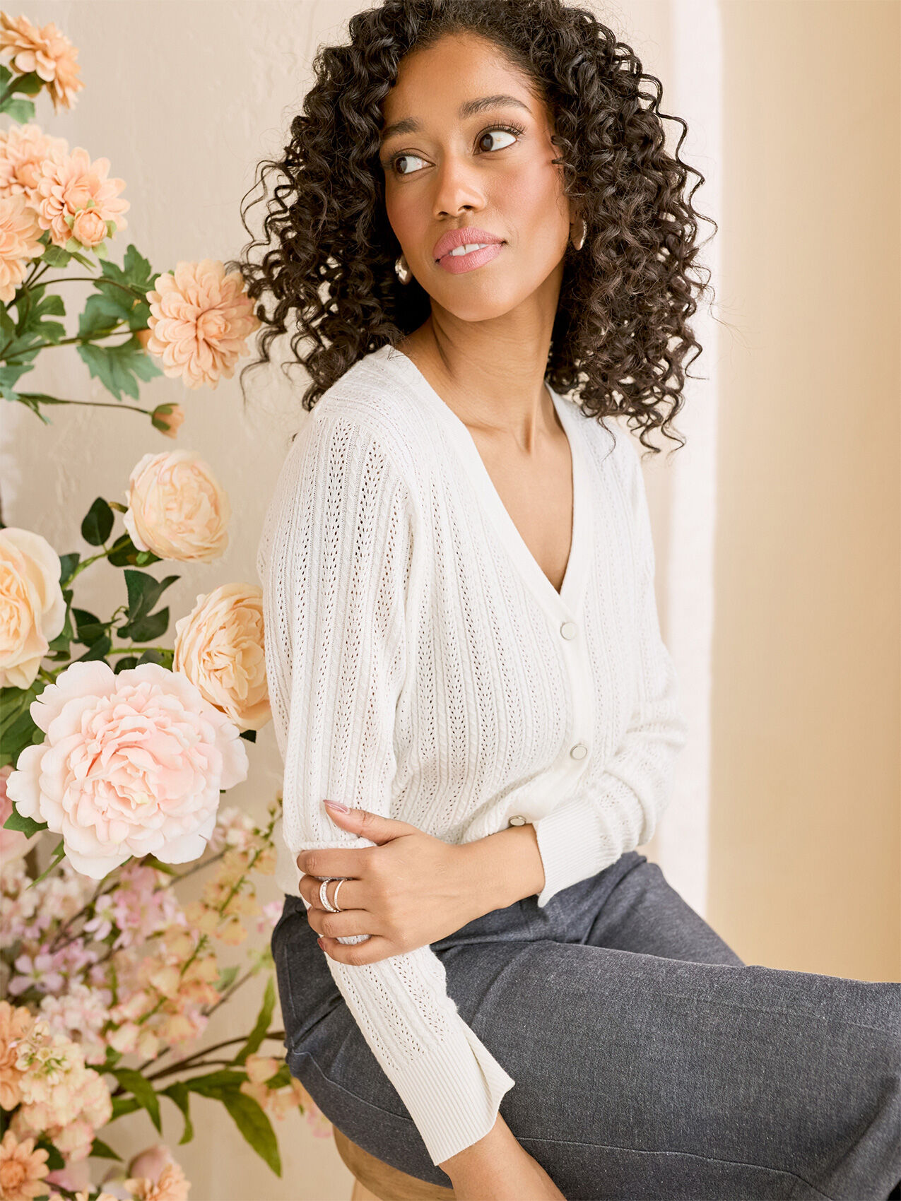 Pointelle shop knit cardigan