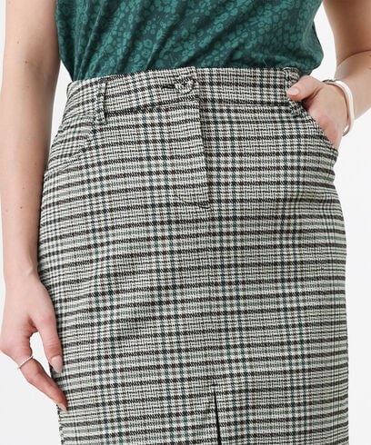 Jacquard Pine Plaid Front Slit Pencil Skirt