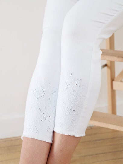 White Embroidered Pull-On Crop Jeans 