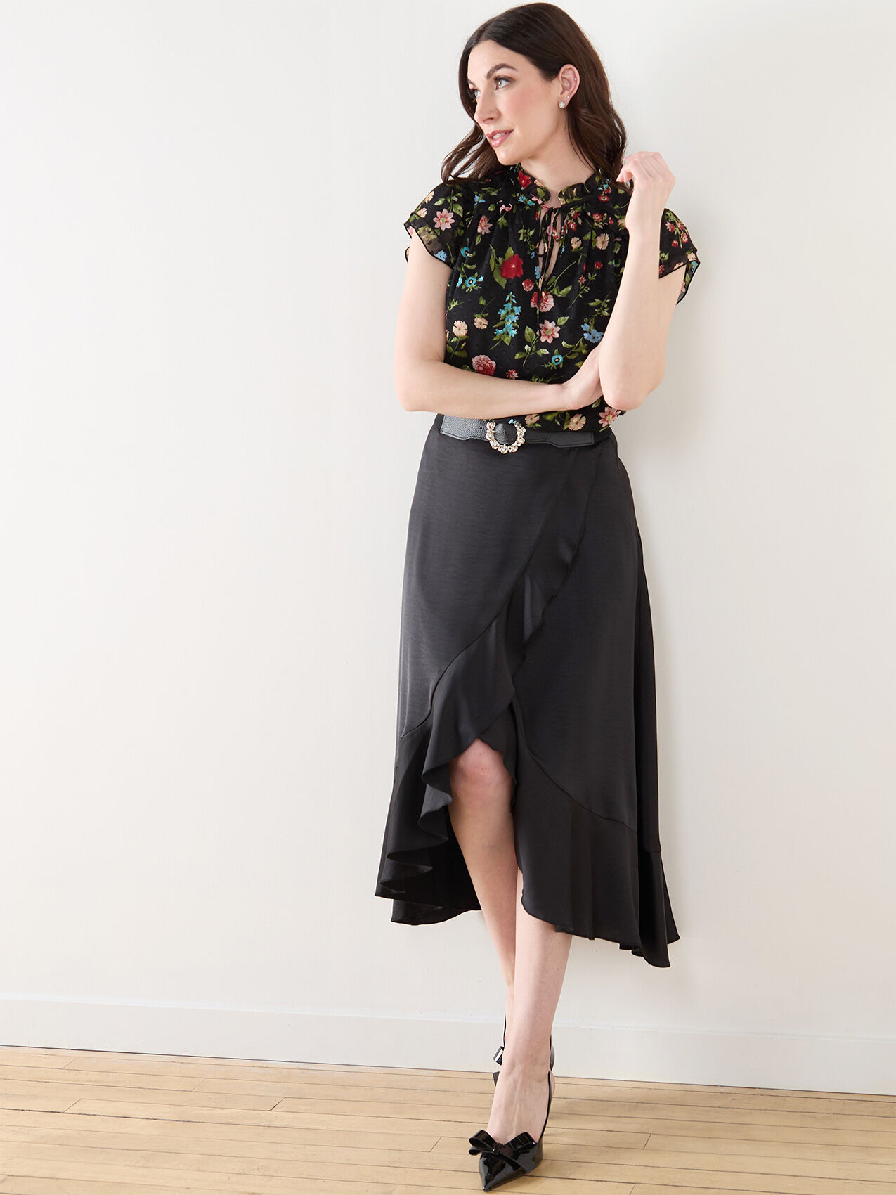 Satin Air flow ruffle wrap skirt Cleo Black XS
