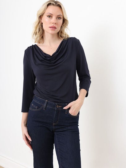 Petite 3/4 Sleeve Cowl Neck Relaxed Fit Top
