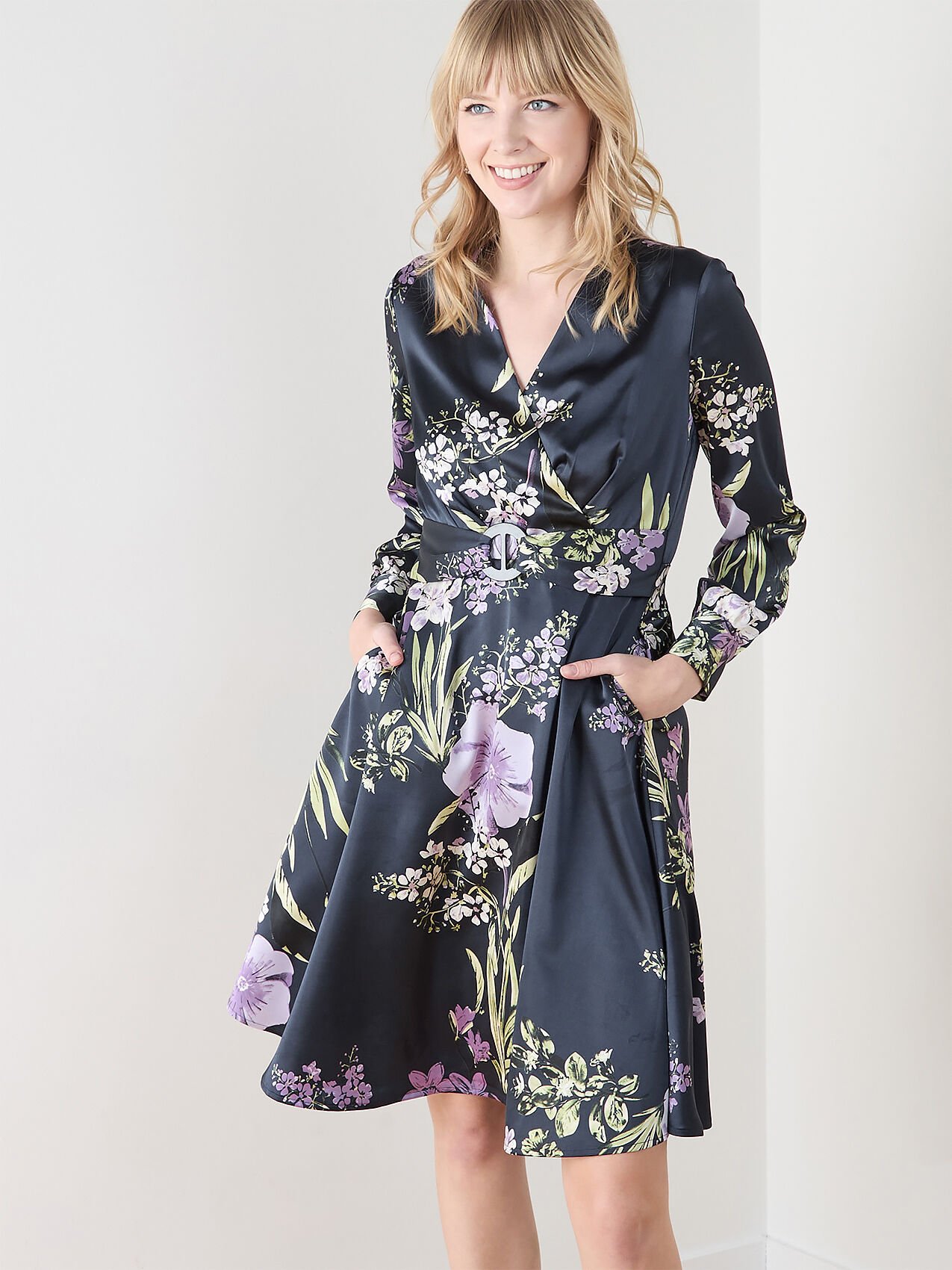 Long Sleeve Satin Fit N' Flair Dress