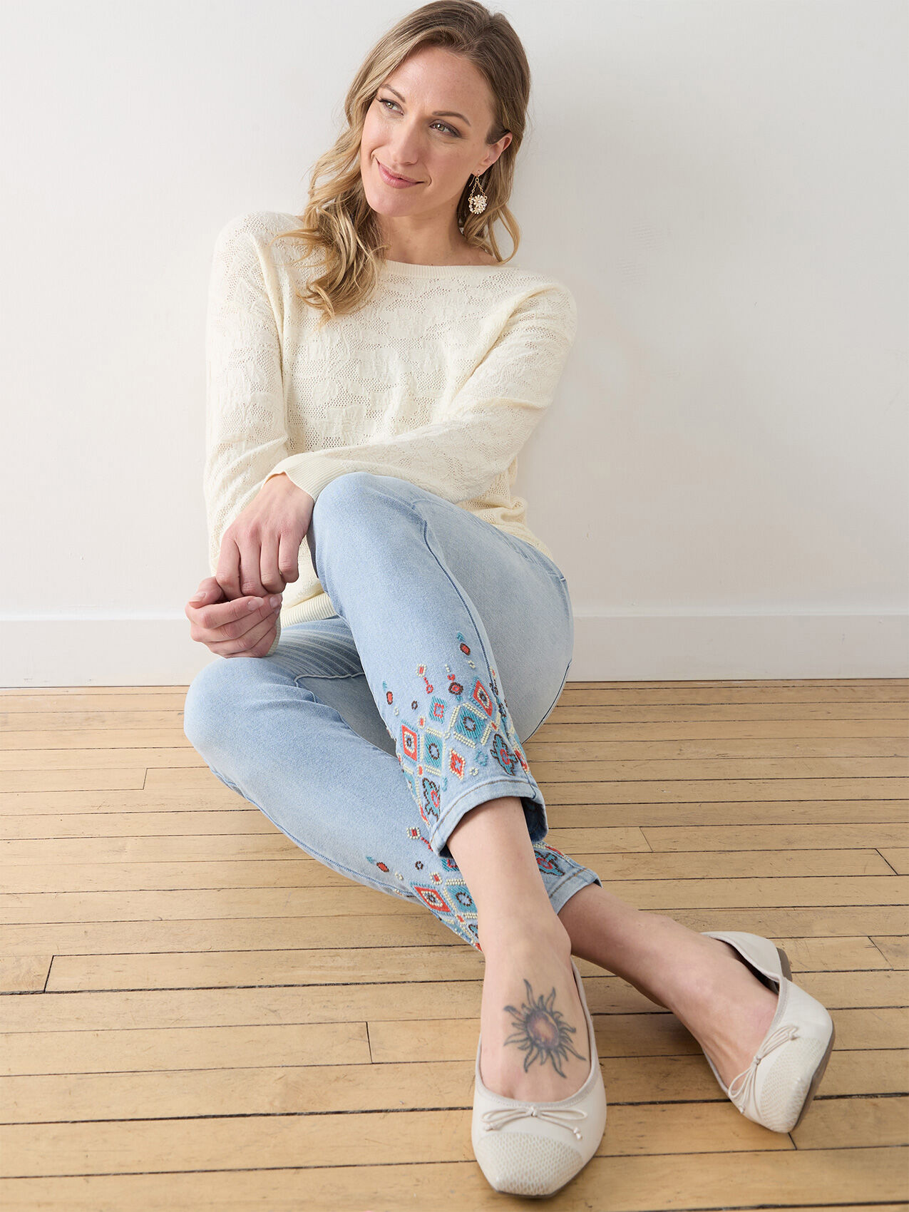 Light Wash Aztec Embroidered Ankle Jeans by GG