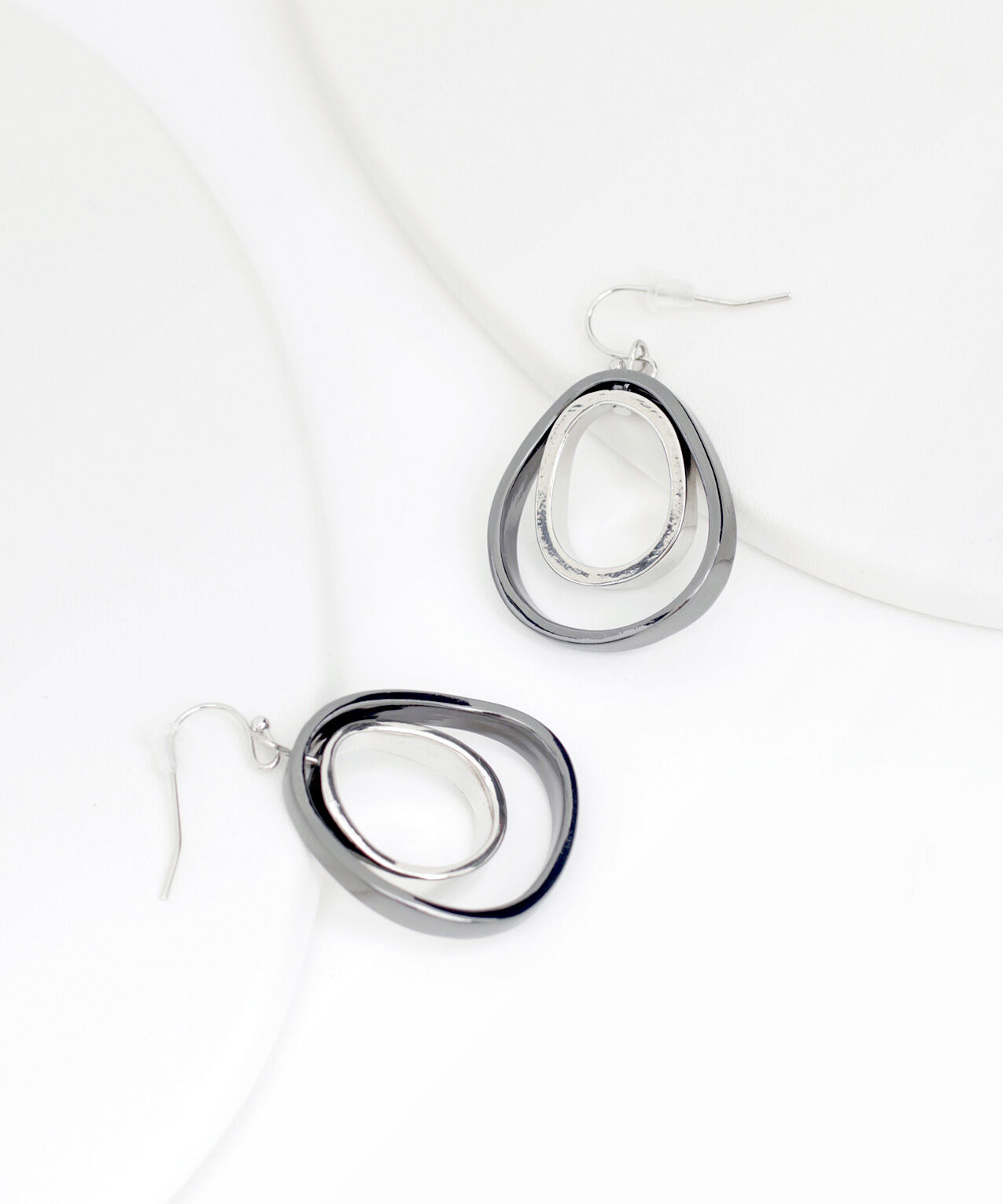 Silver & Gunmetal Asymmetrical Circle Dangle Earrings