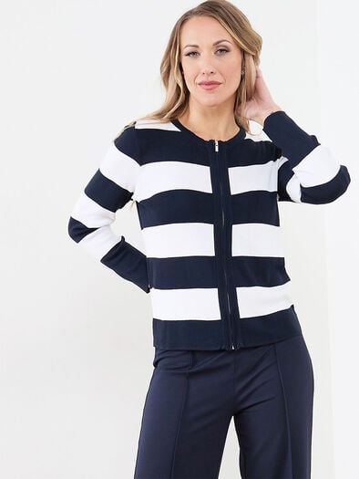 Zip Front Cardigan Sweater, Navy Stripe Zip Front Cardigan Sweater, Navy Stripe