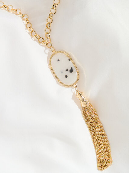 Long Gold Tassel Necklace with Natural Stone Image 1