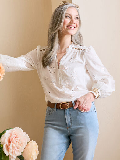 Long Sleeve Relaxed Fit Eyelet Blouse, White