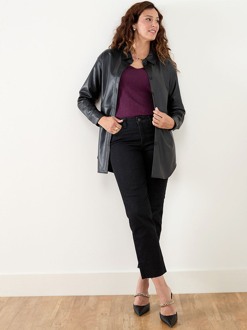 Black shirt with leather jacket online
