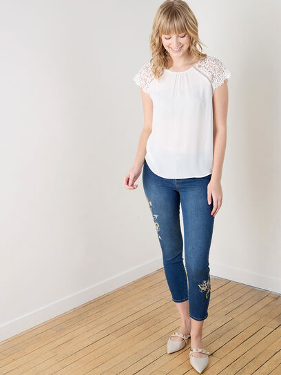 Short Lace Sleeve Top in Crepe