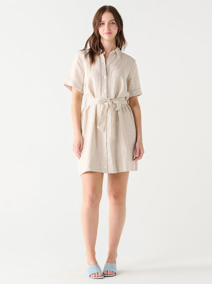 Linen Blend Belted Shirt Mini Dress Image 1