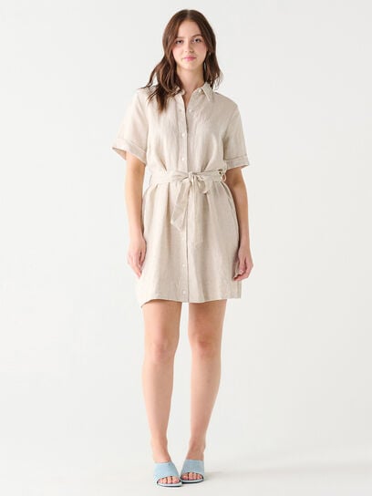 Linen Blend Belted Shirt Mini Dress