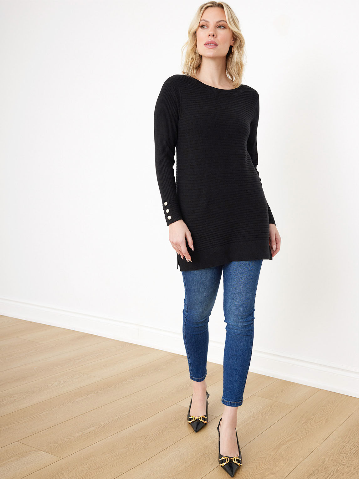 Petite Ottoman Stitch Boatneck Tunic with Cuff Buttons Cleo