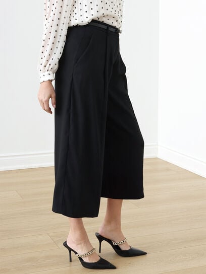 Satin Crepe Wide Crop Pleated Pant with Belt