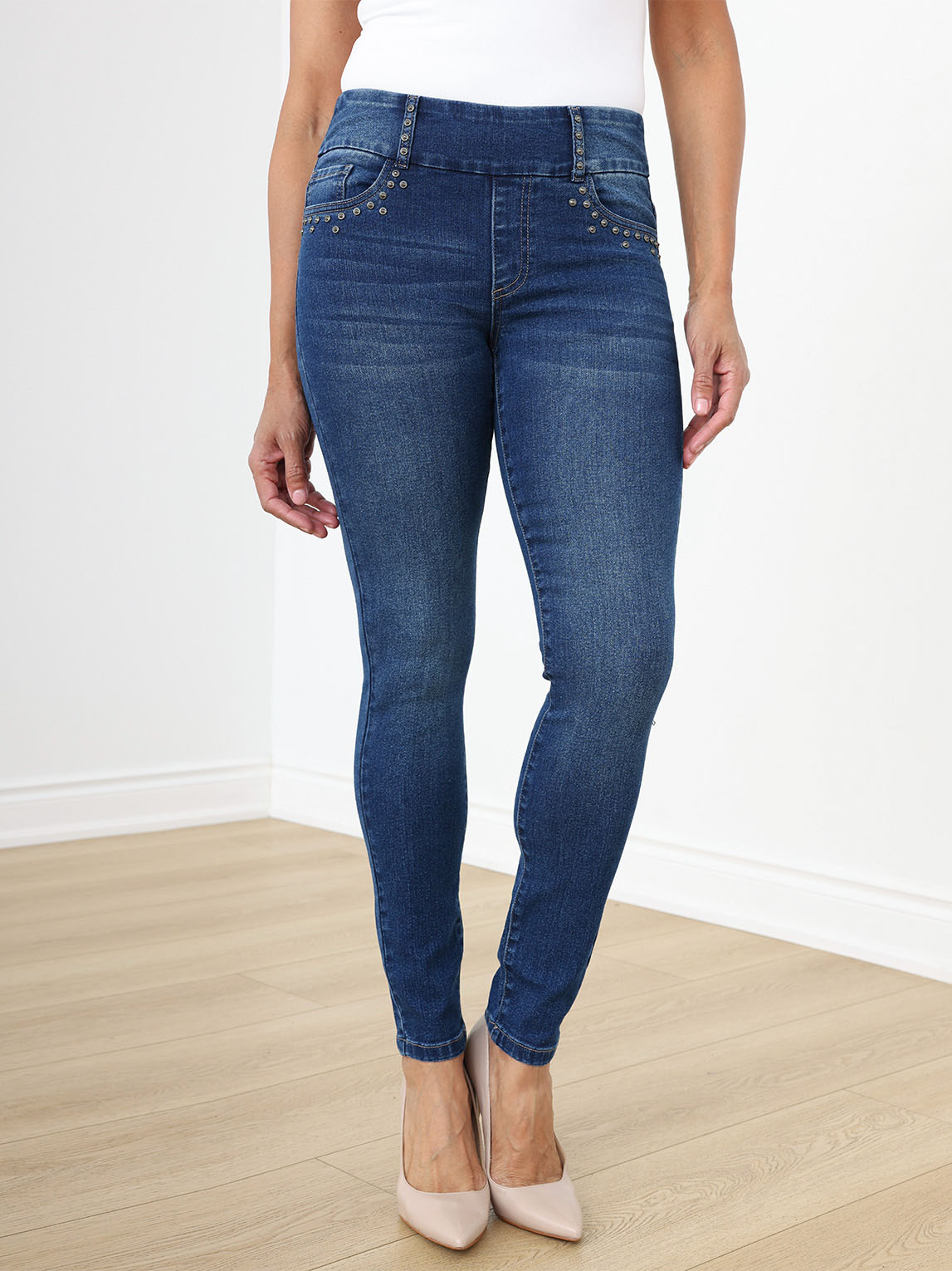 Medium Wash Slim Leg Jeans with Studs by GG Jeans, Cleo