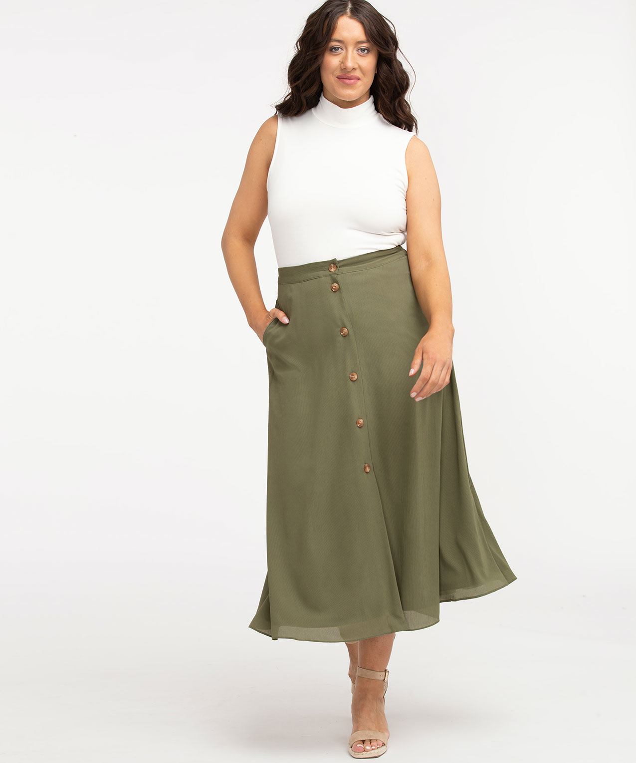 Button Front Midi Skirt