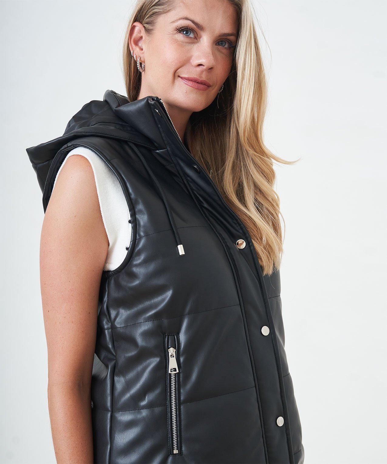 Hooded Vegan Leather Vest, Cleo