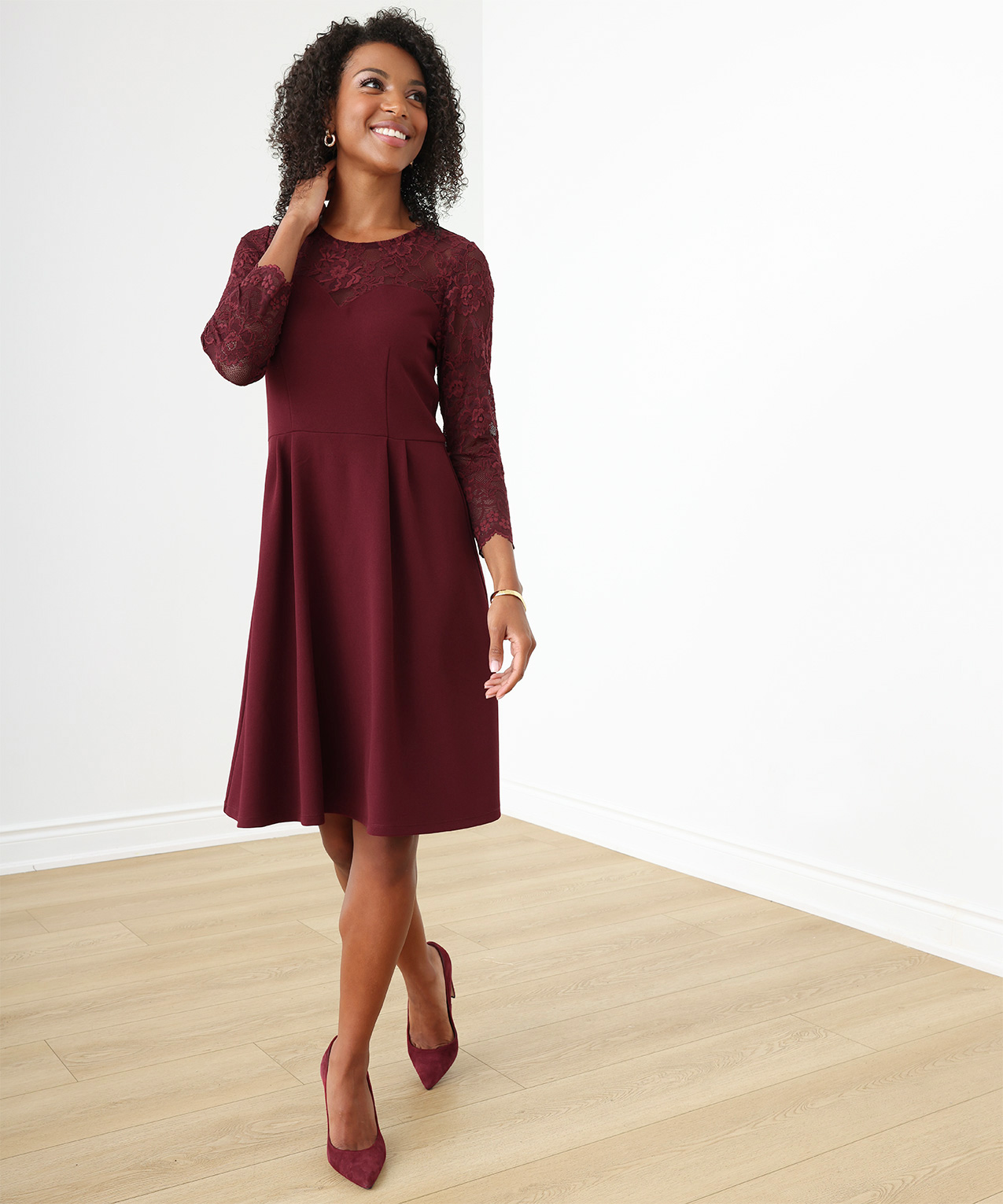 Petite Scuba Crepe & Lace Fit and Flare Dress | Cleo